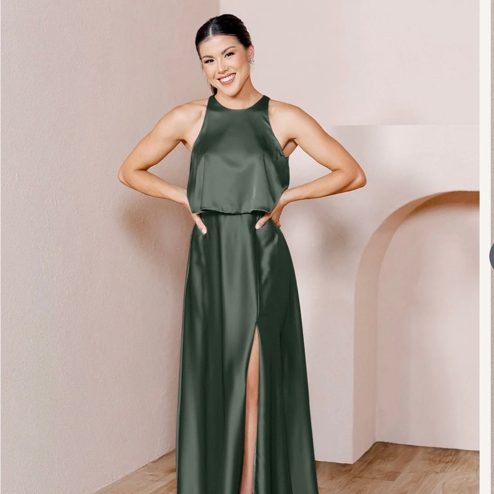 Revelry Wren Satin Dress in Deep Olive, Size 6. Never worn, ordered as a backup